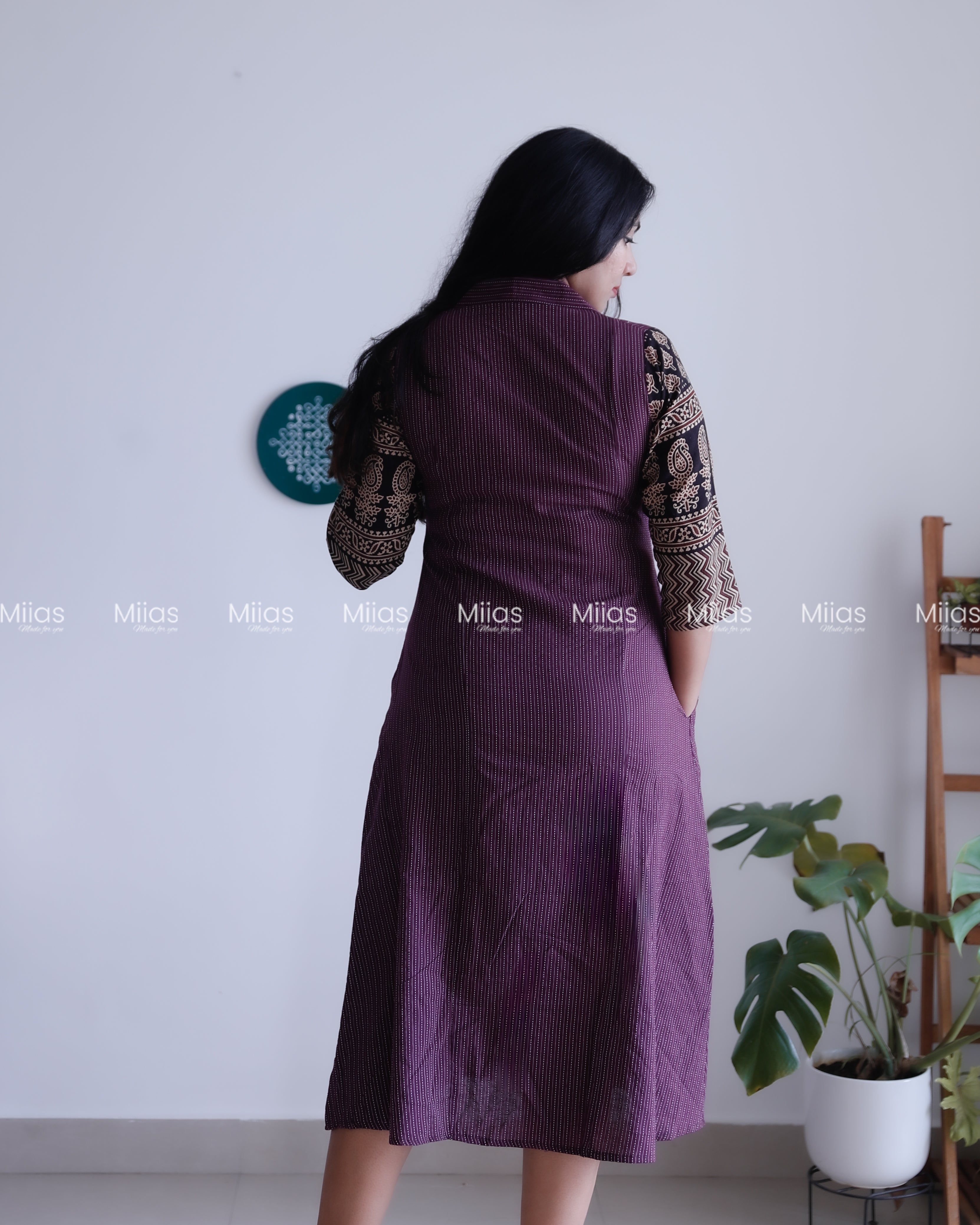 Kantha Cotton 3-Panel Kurti | Ajrakh Borders + Beaded Yoke | Grape
