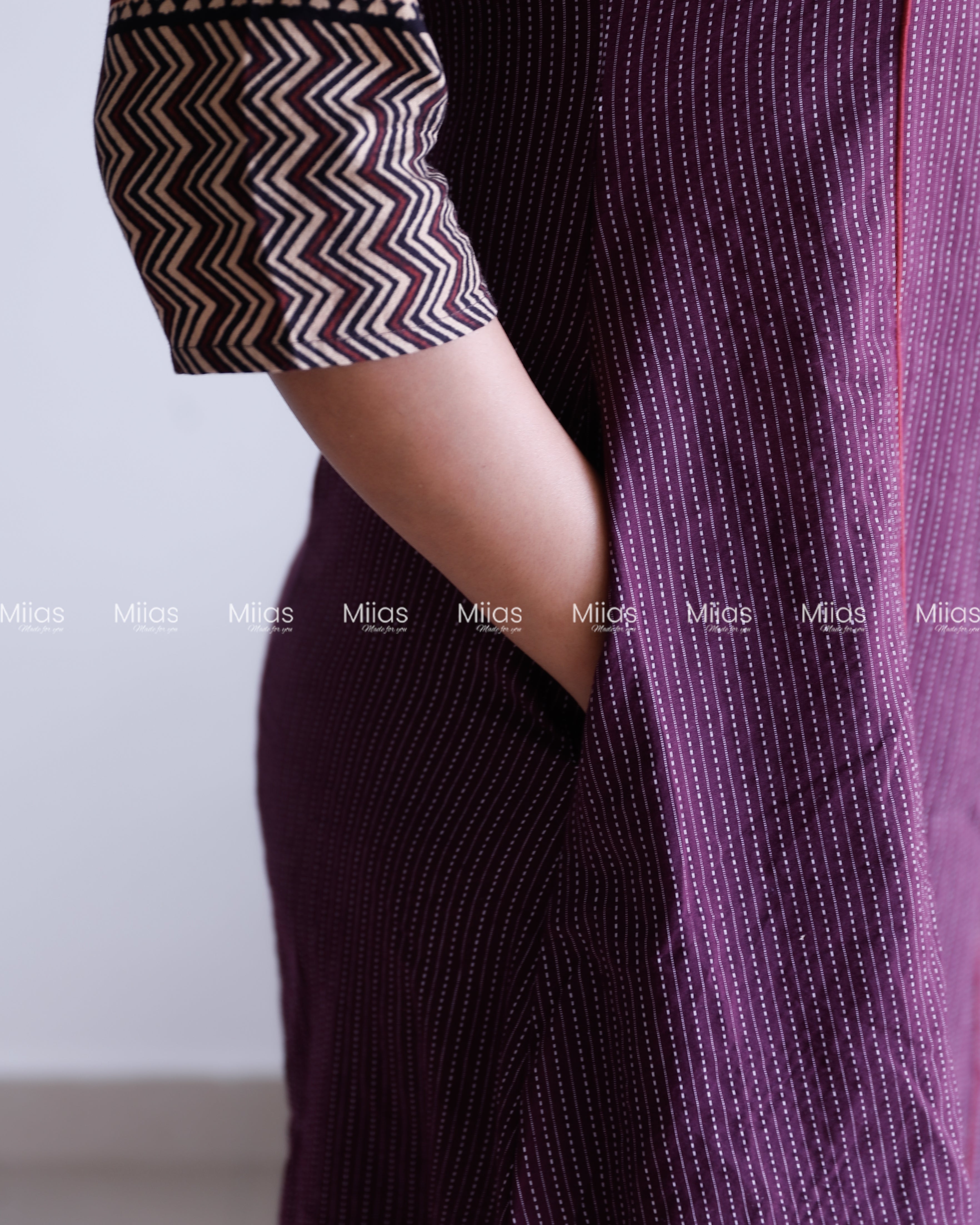 Kantha Cotton 3-Panel Kurti | Ajrakh Borders + Beaded Yoke | Grape
