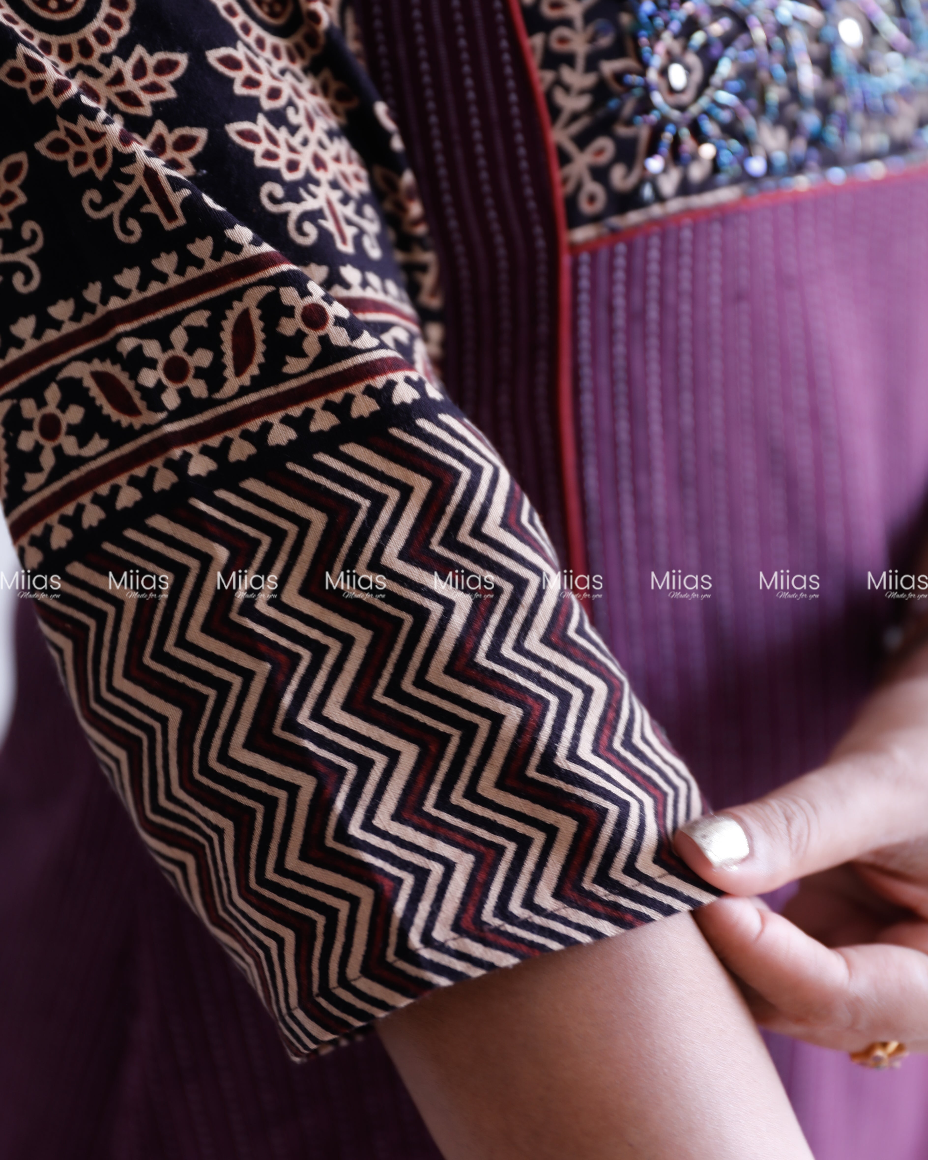 Kantha Cotton 3-Panel Kurti | Ajrakh Borders + Beaded Yoke | Grape
