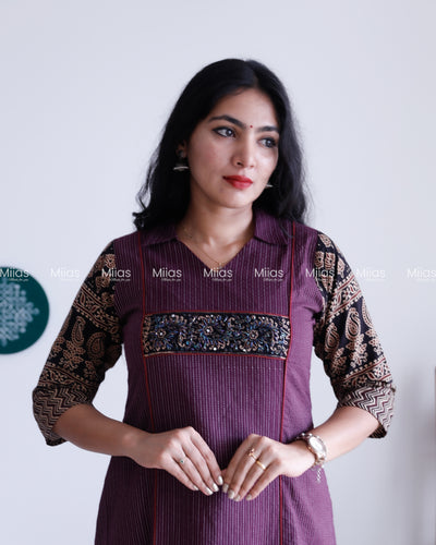 Kantha Cotton 3-Panel Kurti | Ajrakh Borders + Beaded Yoke | Grape