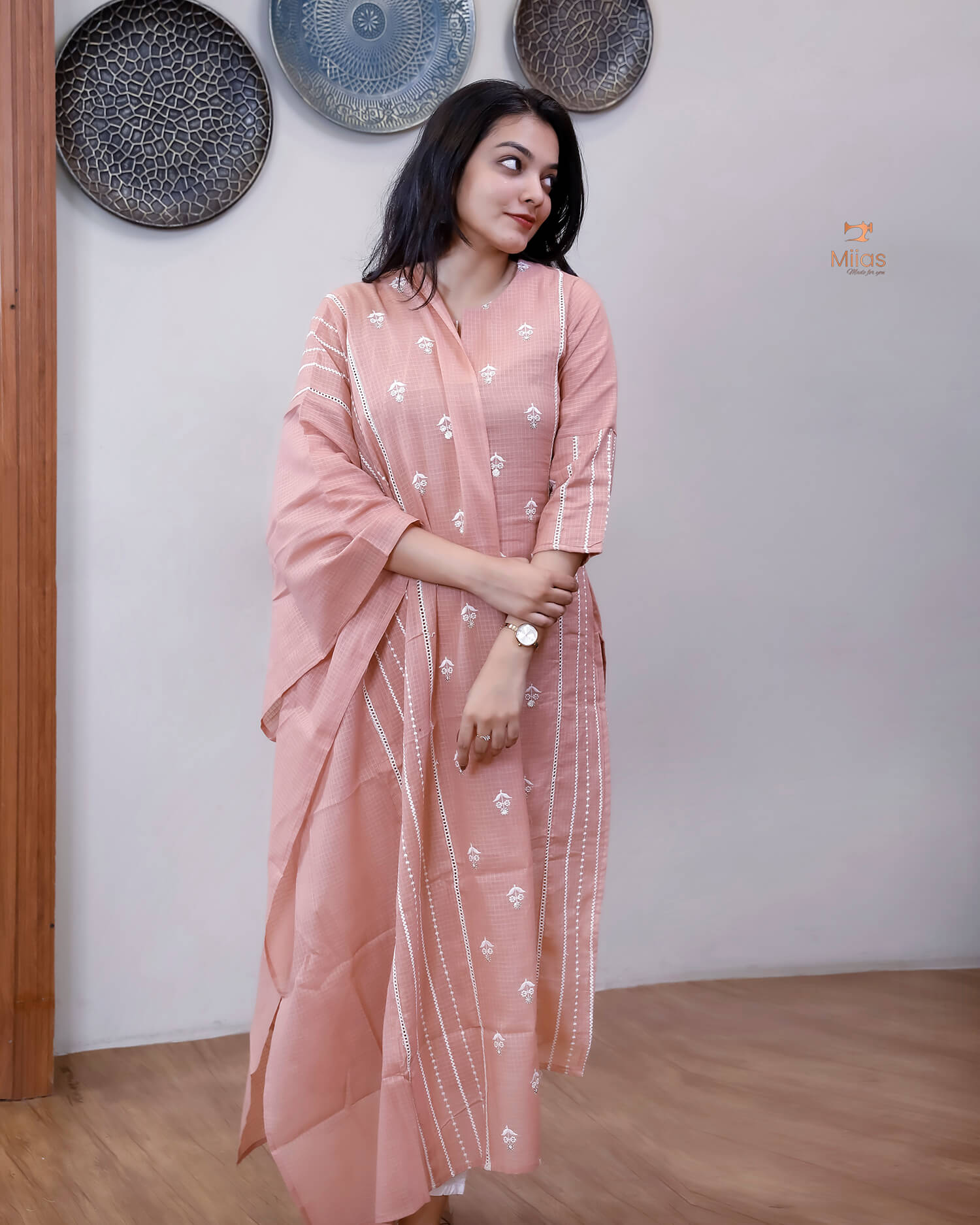 Cotton Kota Ethnic Set: Embroidered Neck, Half-Lace Dupatta-Pastel Peach.