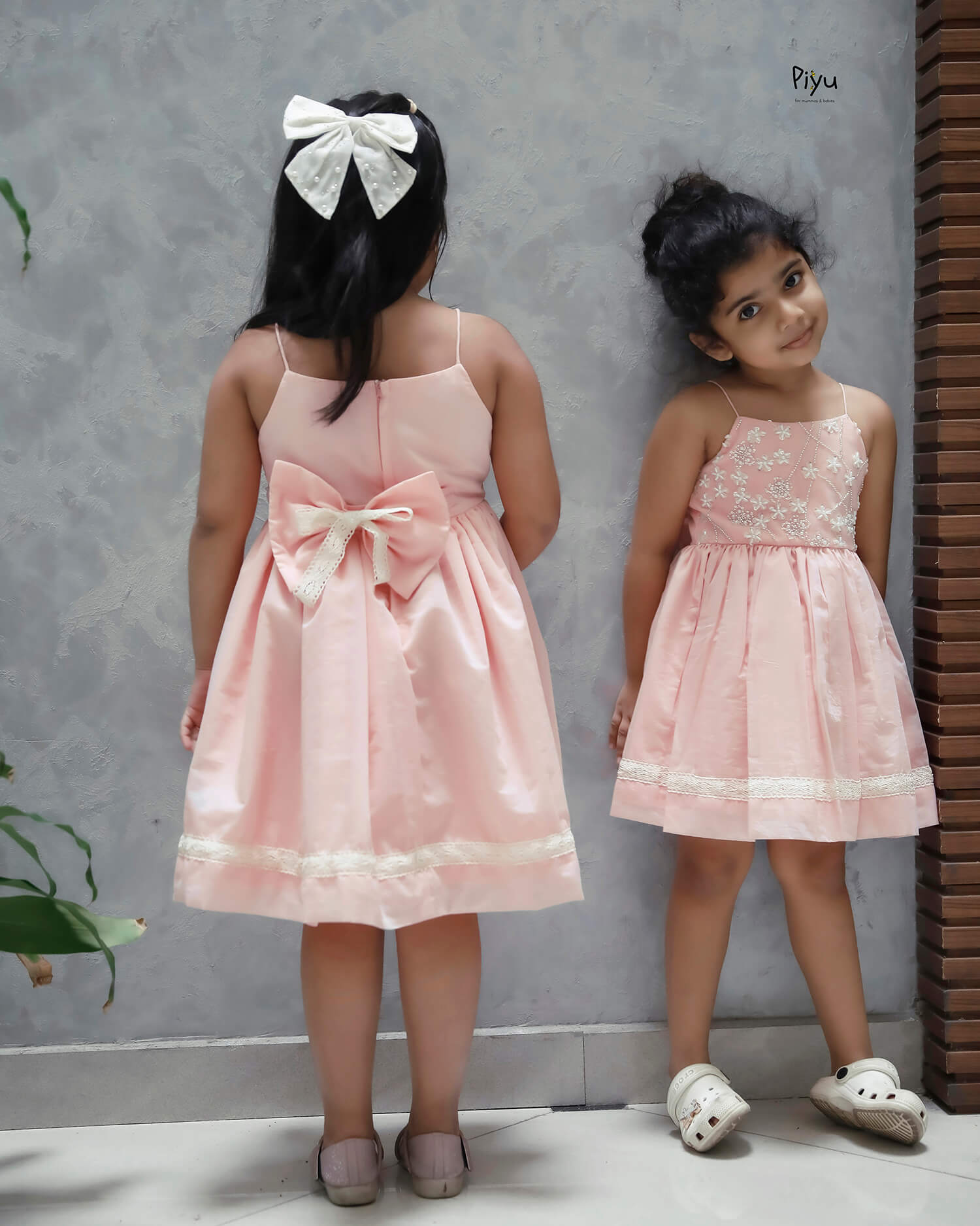 Mul Chanderi Frock: Beaded Net Yoke & Back Bow-Peach.