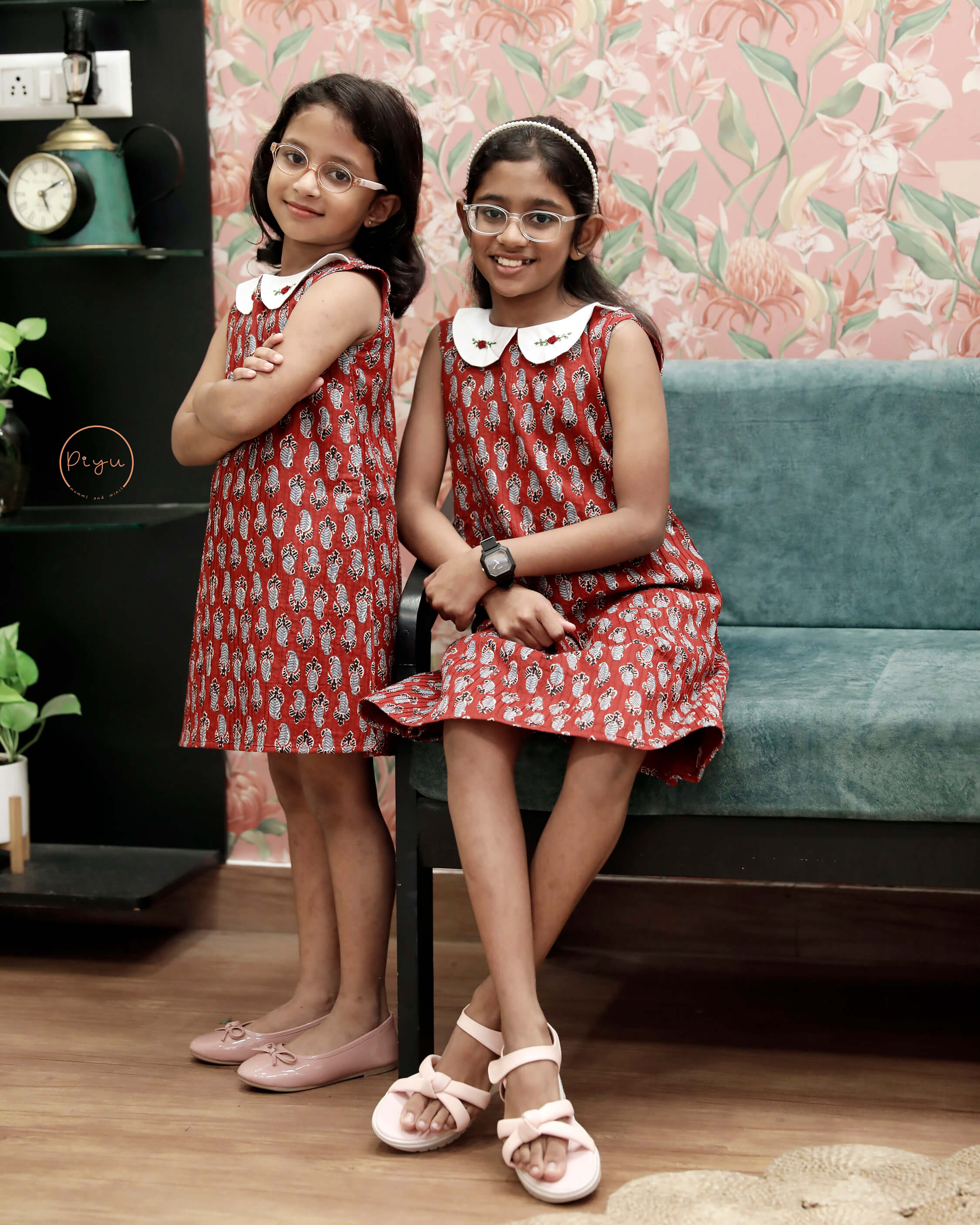 Cotton A-Line Dress: Ajrakh Print & Rose Embroidery-Brick red