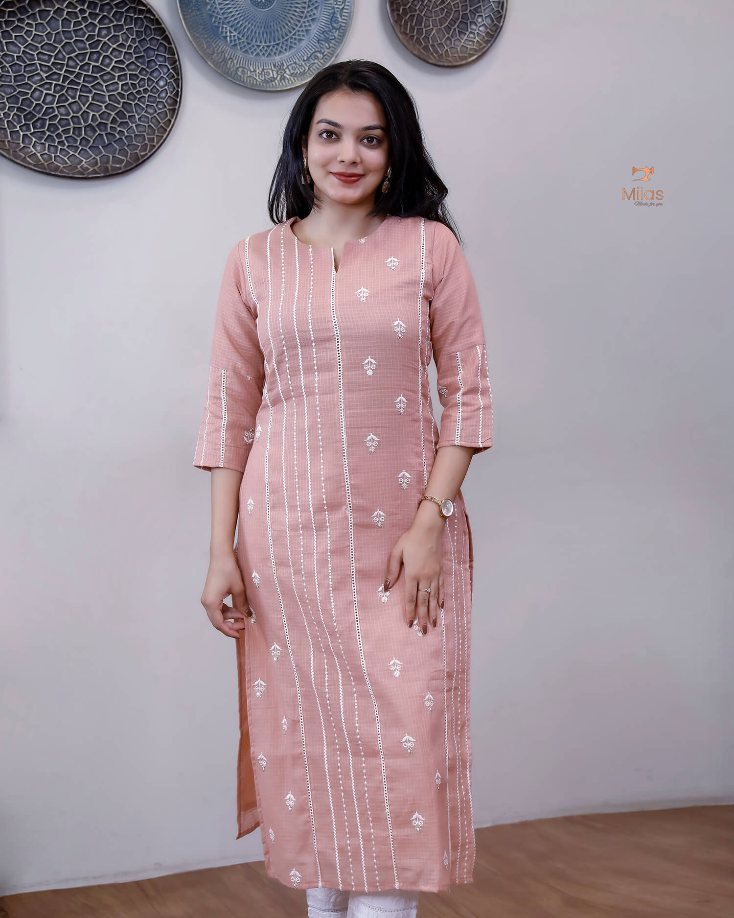 Cotton Kota Ethnic Set: Embroidered Neck, Half-Lace Dupatta-Pastel Peach.