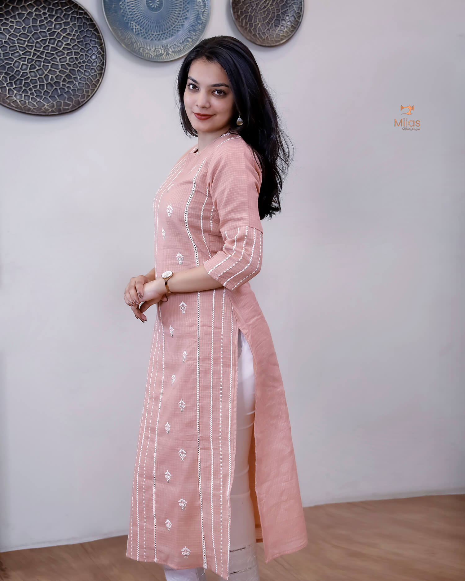 Cotton Kota Ethnic Set: Embroidered Neck, Half-Lace Dupatta-Pastel Peach.