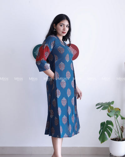 South Cotton Dress Kurti | Folding V-Neck + Red Sleeve Panel | Blue
