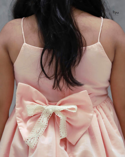 Mul Chanderi Frock: Beaded Net Yoke & Back Bow-Peach.