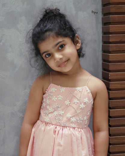 Mul Chanderi Frock: Beaded Net Yoke & Back Bow-Peach.