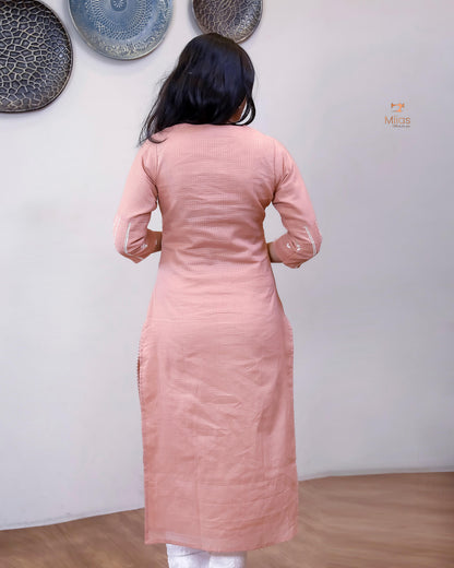 Cotton Kota Ethnic Set: Embroidered Neck, Half-Lace Dupatta-Pastel Peach.