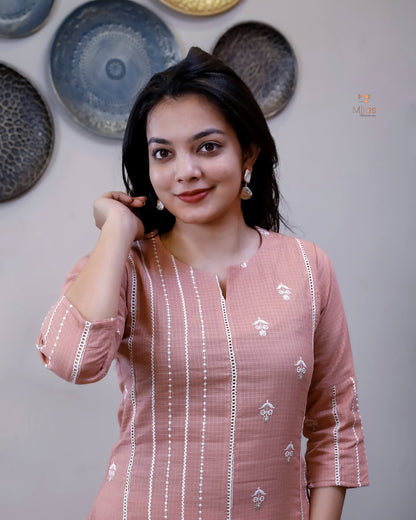 Cotton Kota Ethnic Set: Embroidered Neck, Half-Lace Dupatta-Pastel Peach.