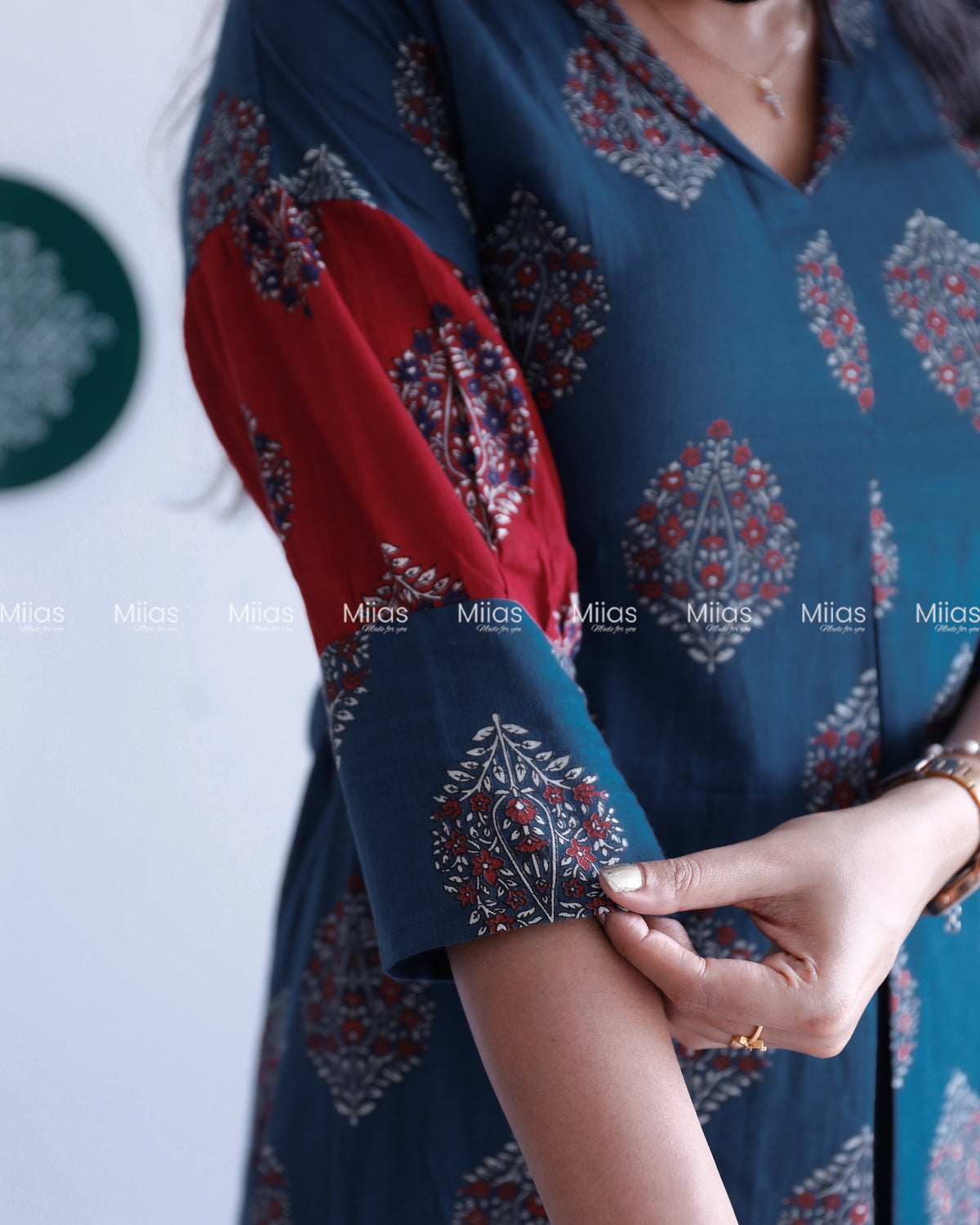 South Cotton Dress Kurti | Folding V-Neck + Red Sleeve Panel | Blue