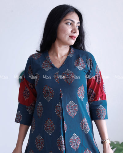 South Cotton Dress Kurti | Folding V-Neck + Red Sleeve Panel | Blue