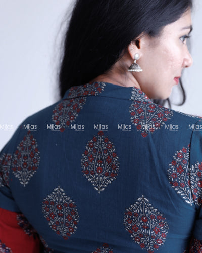South Cotton Dress Kurti | Folding V-Neck + Red Sleeve Panel | Blue
