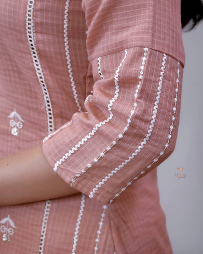 Cotton Kota Ethnic Set: Embroidered Neck, Half-Lace Dupatta-Pastel Peach.
