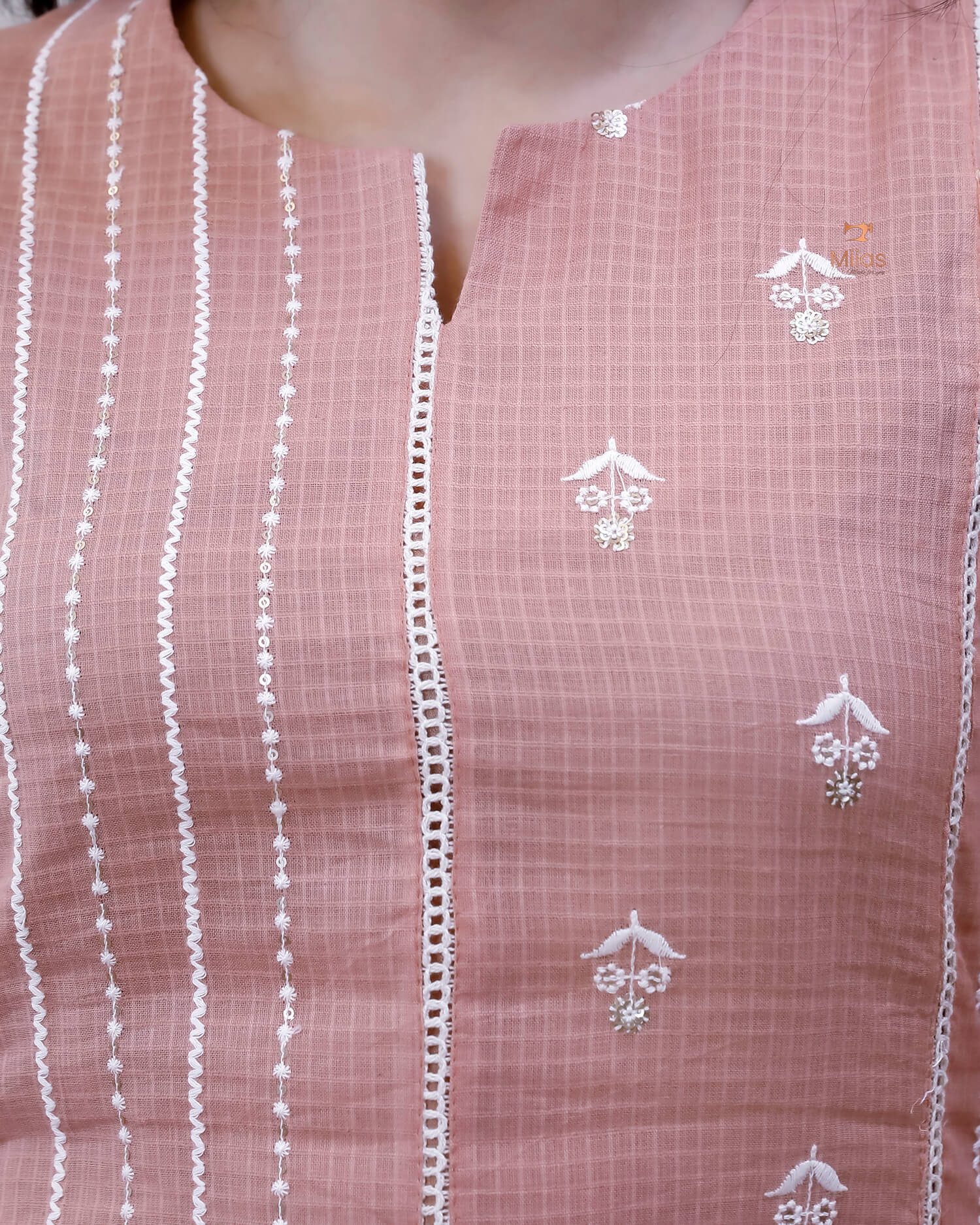 Cotton Kota Ethnic Set: Embroidered Neck, Half-Lace Dupatta-Pastel Peach.