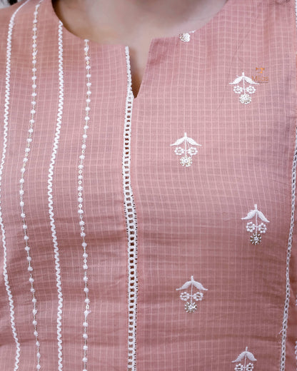 Cotton Kota Ethnic Set: Embroidered Neck, Half-Lace Dupatta-Pastel Peach.