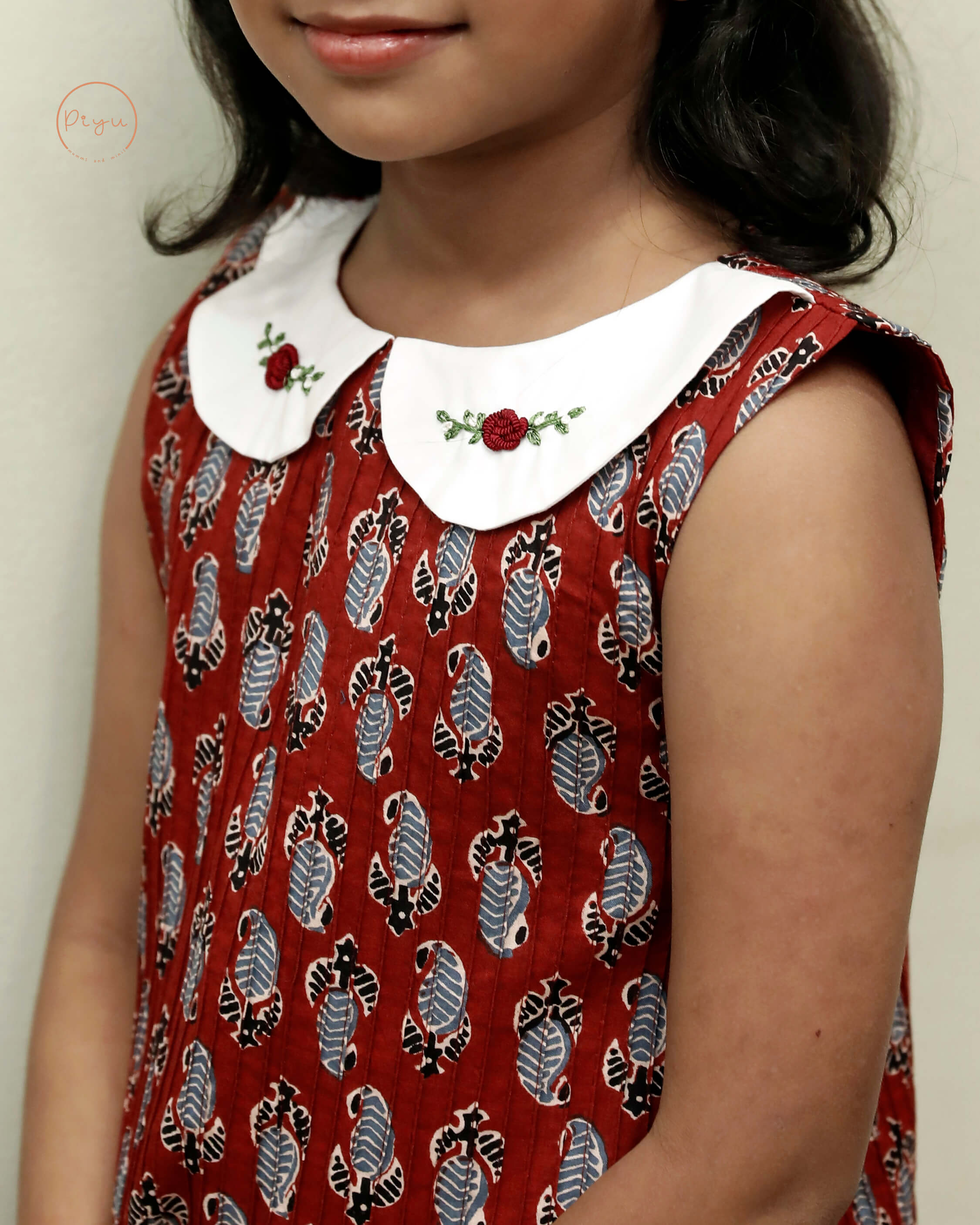Cotton A-Line Dress: Ajrakh Print & Rose Embroidery-Brick red