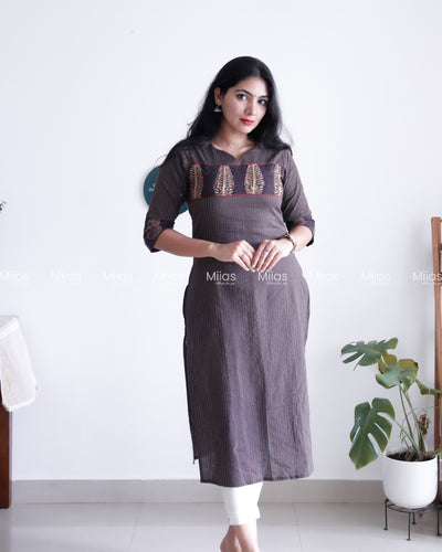 Kantha Cotton Slit Kurti | Ajrakh Beaded Yoke + Piping | Coffee Brown