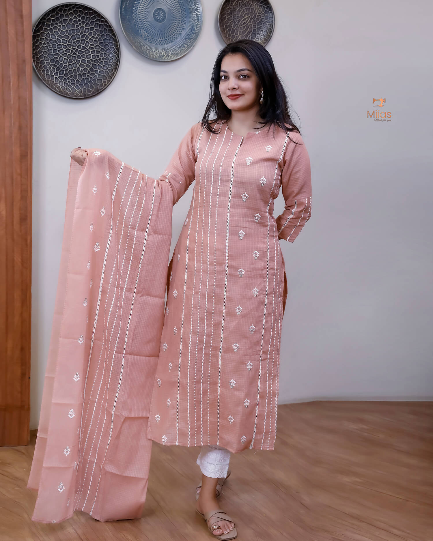 Cotton Kota Ethnic Set: Embroidered Neck, Half-Lace Dupatta-Pastel Peach.