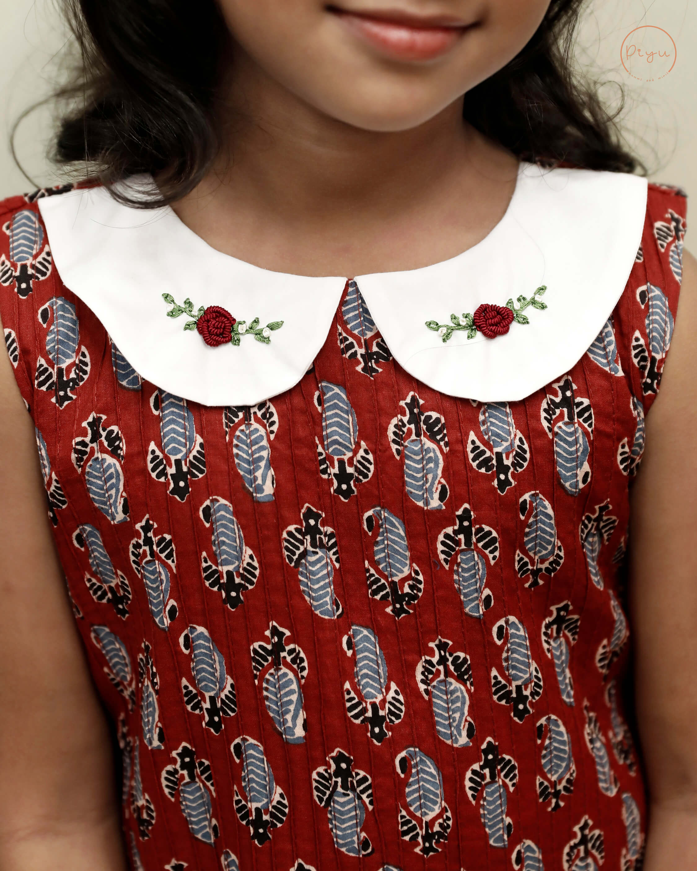 Cotton A-Line Dress: Ajrakh Print & Rose Embroidery-Brick red