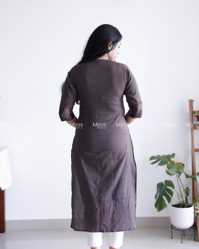 Kantha Cotton Slit Kurti | Ajrakh Beaded Yoke + Piping | Coffee Brown