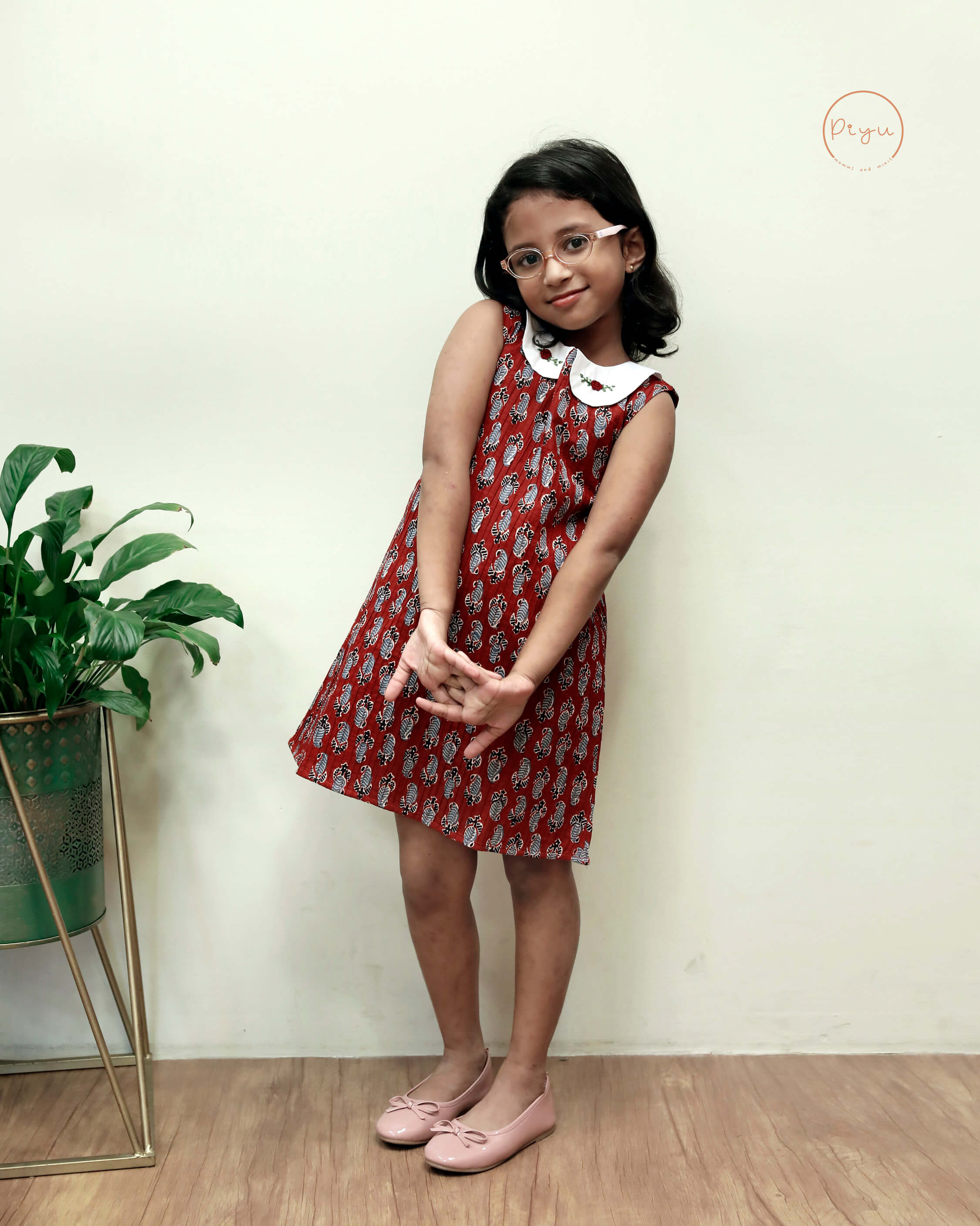 Cotton A-Line Dress: Ajrakh Print & Rose Embroidery-Brick red
