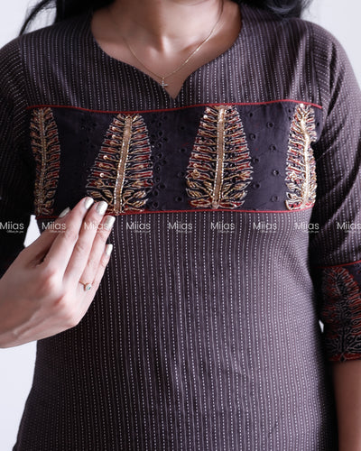 Kantha Cotton Slit Kurti | Ajrakh Beaded Yoke + Piping | Coffee Brown