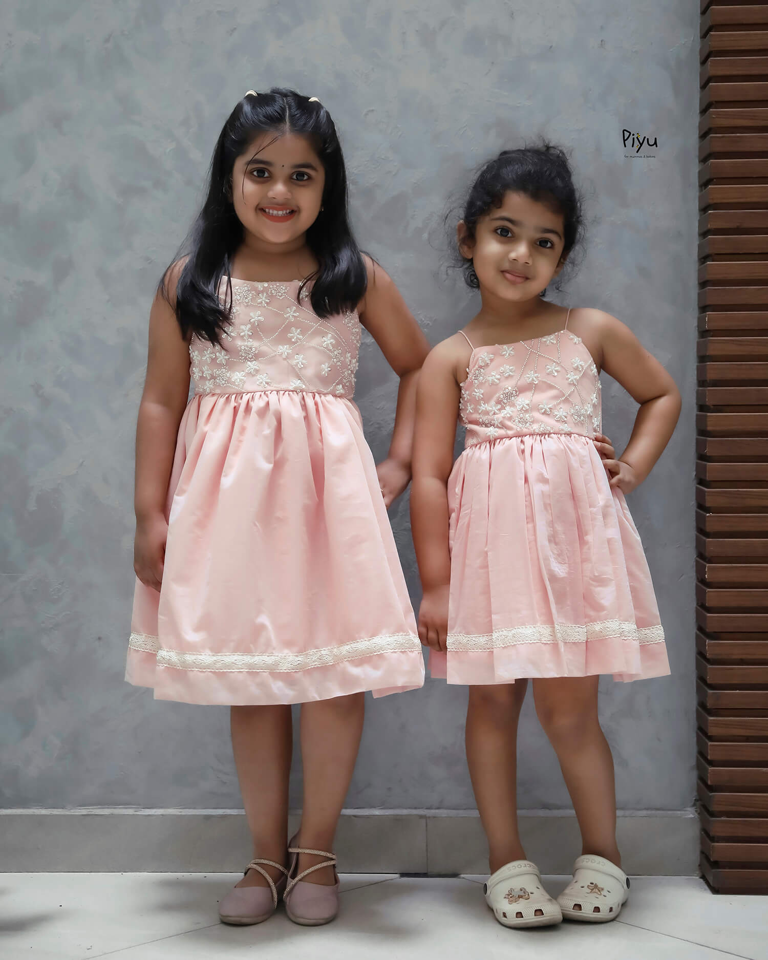 Mul Chanderi Frock: Beaded Net Yoke & Back Bow-Peach.