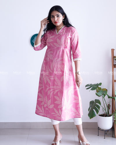 South Cotton Dress Kurti | Lace Collar + Pintucks + Pocket | Pink