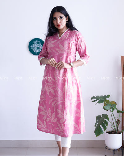 South Cotton Dress Kurti | Lace Collar + Pintucks + Pocket | Pink