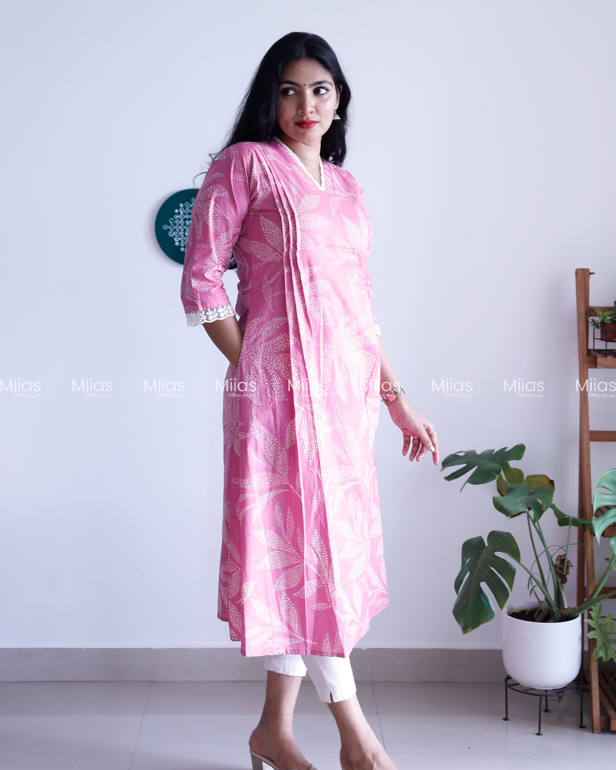 South Cotton Dress Kurti | Lace Collar + Pintucks + Pocket | Pink