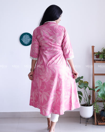 South Cotton Dress Kurti | Lace Collar + Pintucks + Pocket | Pink