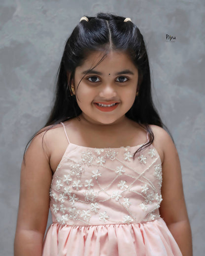 Mul Chanderi Frock: Beaded Net Yoke & Back Bow-Peach.