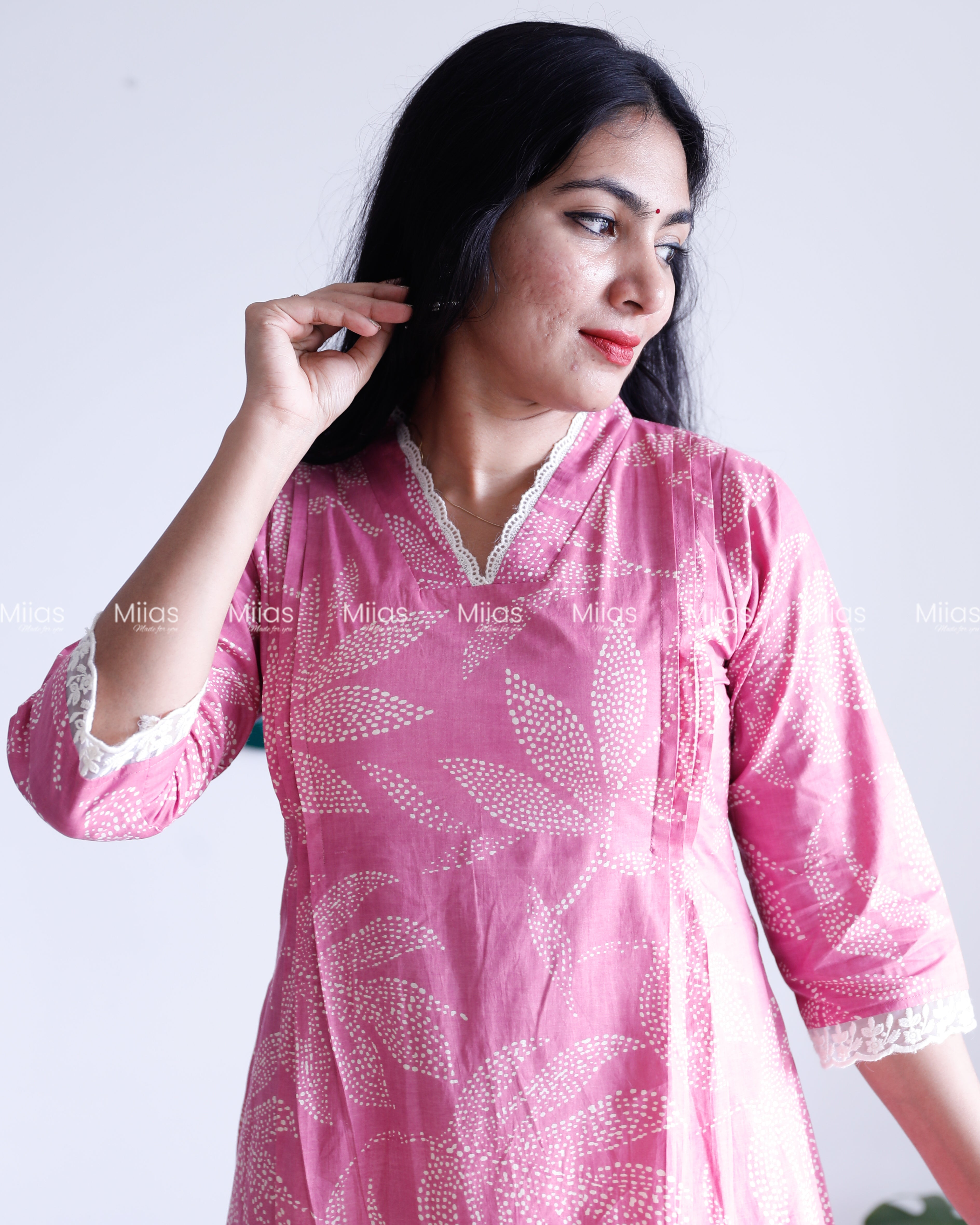 South Cotton Dress Kurti | Lace Collar + Pintucks + Pocket | Pink