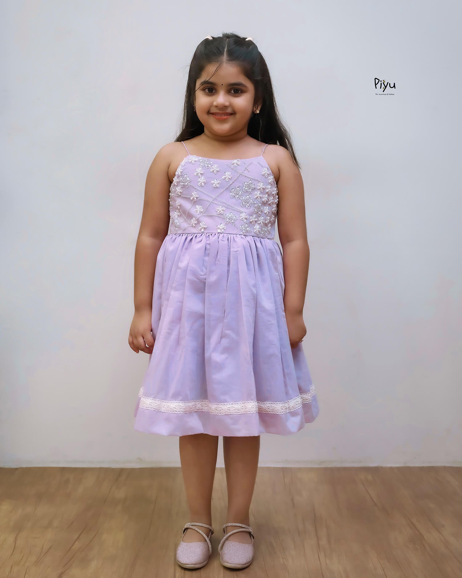 Mul Chanderi Frock: Beaded Net Yoke & Back Bow-Lavender.