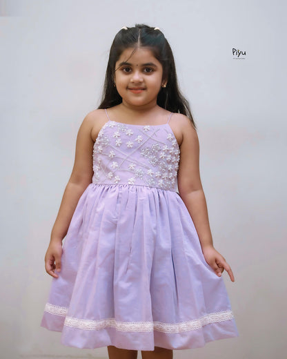 Mul Chanderi Frock: Beaded Net Yoke & Back Bow-Lavender.