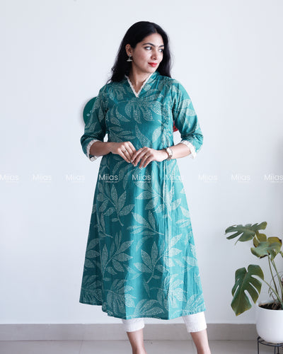 South Cotton Dress Kurti | Lace Collar + Pintucks + Pocket | Teal Blue