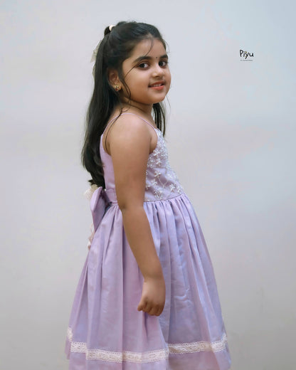 Mul Chanderi Frock: Beaded Net Yoke & Back Bow-Lavender.