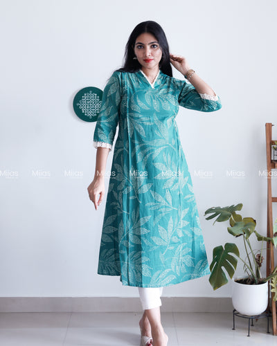 South Cotton Dress Kurti | Lace Collar + Pintucks + Pocket | Teal Blue