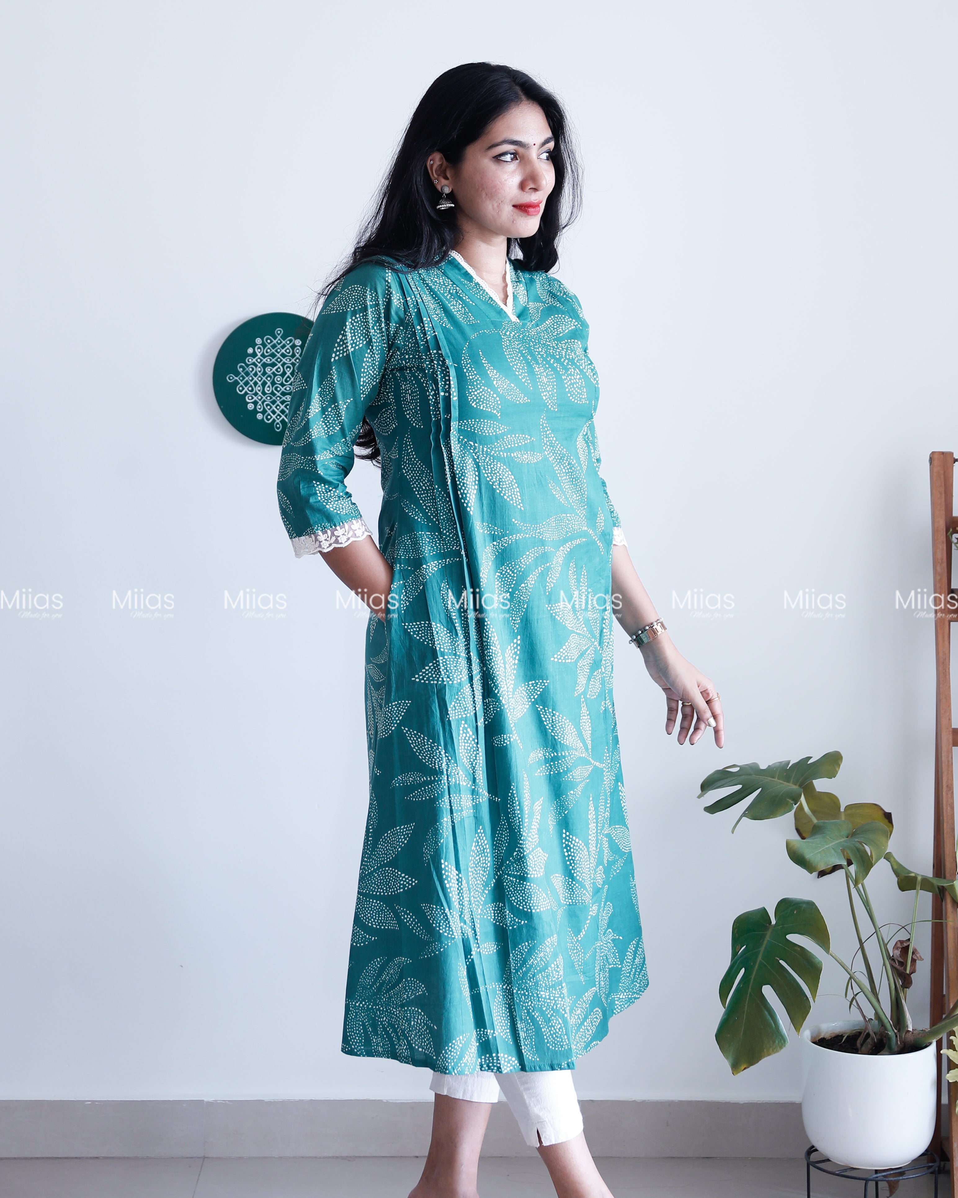 South Cotton Dress Kurti | Lace Collar + Pintucks + Pocket | Teal Blue