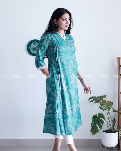 South Cotton Dress Kurti | Lace Collar + Pintucks + Pocket | Teal Blue
