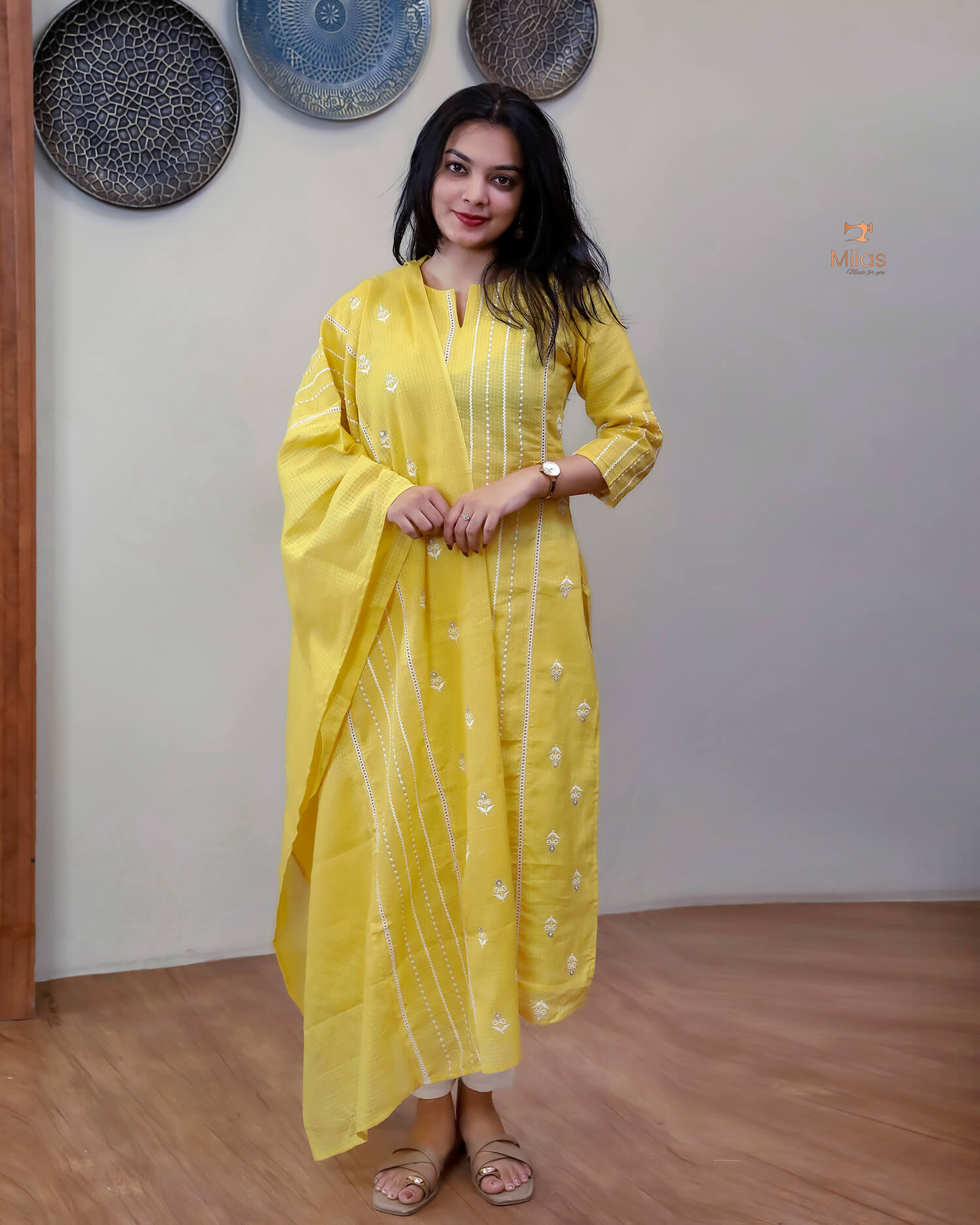 Cotton Kota Ethnic Set: Embroidered Neck, Half-Lace Dupatta-Pastel Yellow.