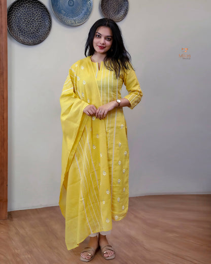 Cotton Kota Ethnic Set: Embroidered Neck, Half-Lace Dupatta-Pastel Yellow.