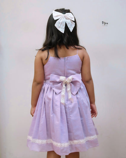 Mul Chanderi Frock: Beaded Net Yoke & Back Bow-Lavender.