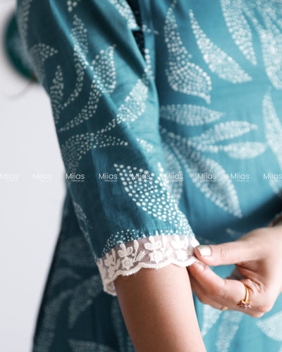 South Cotton Dress Kurti | Lace Collar + Pintucks + Pocket | Teal Blue