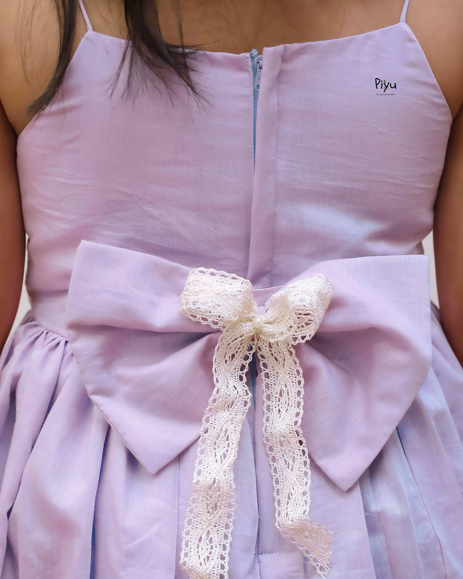 Mul Chanderi Frock: Beaded Net Yoke & Back Bow-Lavender.