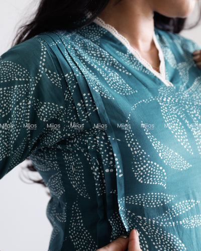 South Cotton Dress Kurti | Lace Collar + Pintucks + Pocket | Teal Blue