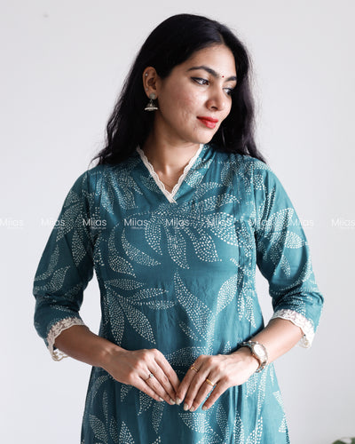 South Cotton Dress Kurti | Lace Collar + Pintucks + Pocket | Teal Blue