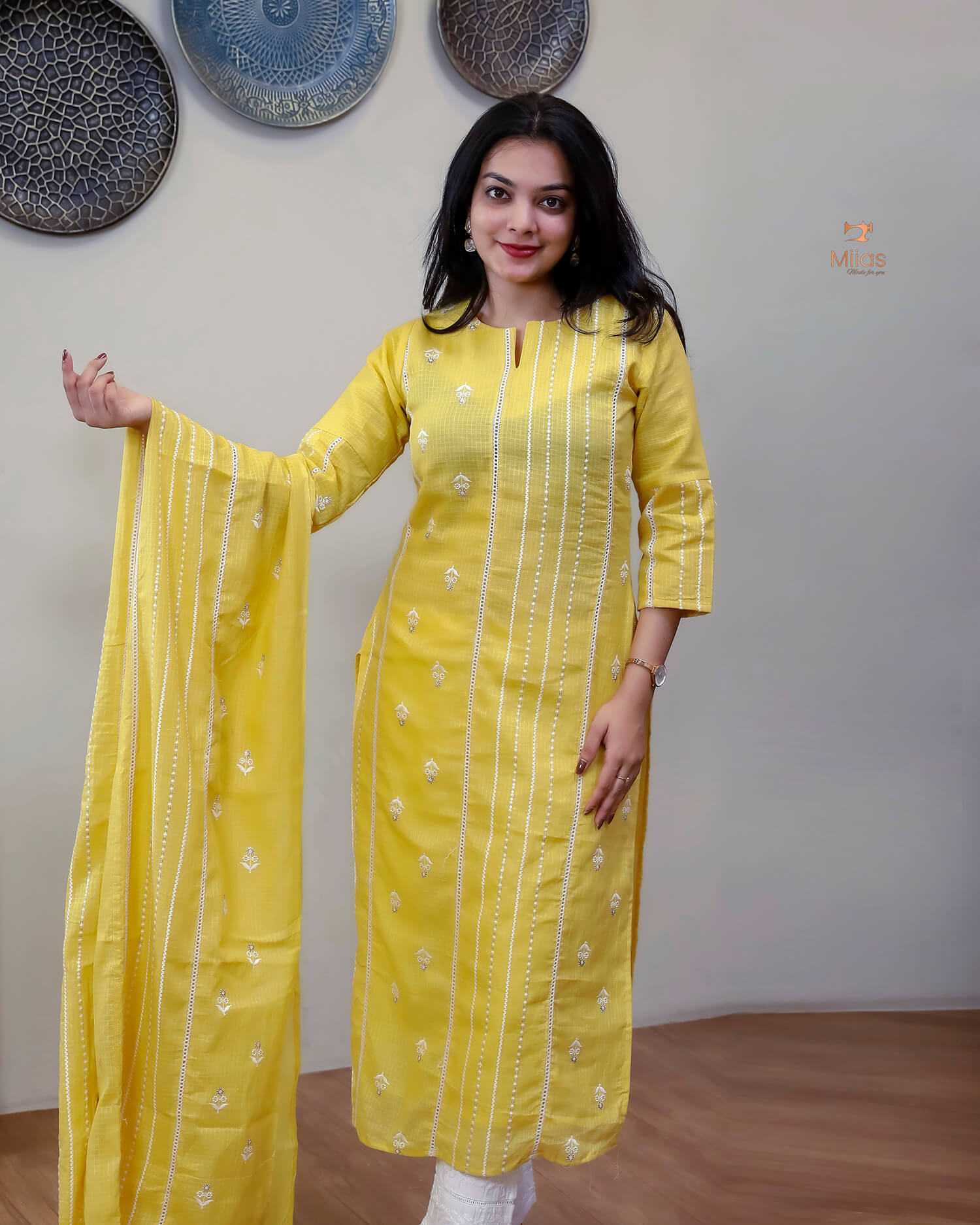 Cotton Kota Ethnic Set: Embroidered Neck, Half-Lace Dupatta-Pastel Yellow.