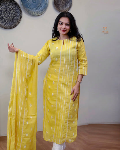 Cotton Kota Ethnic Set: Embroidered Neck, Half-Lace Dupatta-Pastel Yellow.